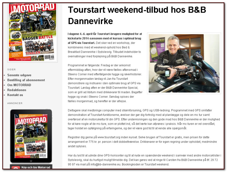 Motorrad Danmark skriver om Tourstart gps træning hos B&B Dannevirke